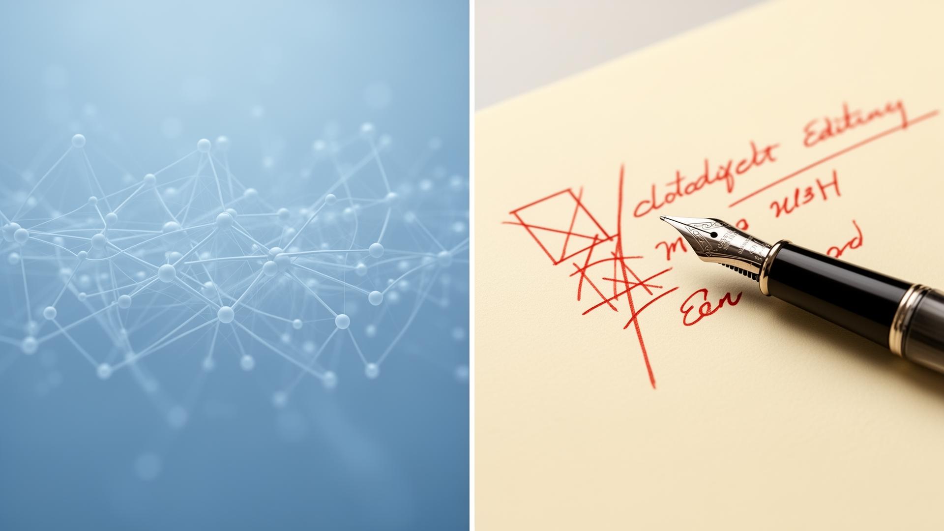 Split-screen illustration of an AI neural network on the left and a fountain pen marking up paper on the right, representing AI proofreading versus human proofreading.